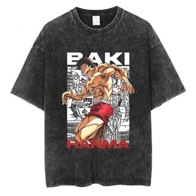 Anime Hanma Baki Acid Washed T Shirt 100 Cotton Shorts Hip Hop Tops Harajuku Graphic Printed - Baki Merch